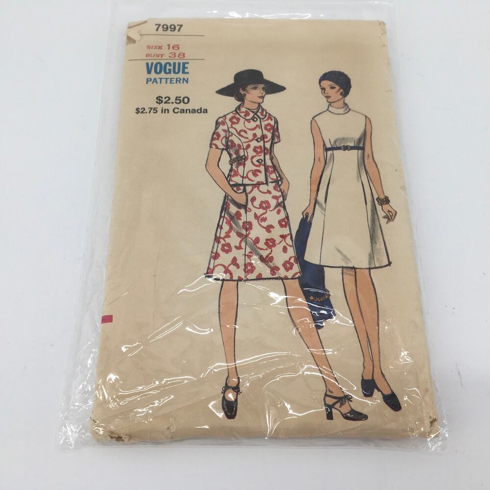 Vtg 1970s Vogue 7997 Dress Jacket Sewing Pattern Size 16 Bust 38 Mod A-Line 70s